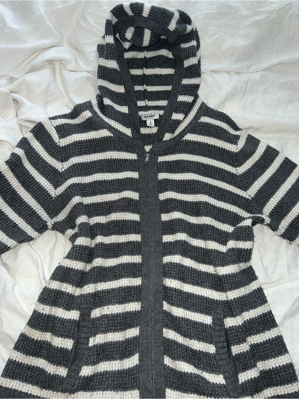 Old Navy Women's Gray & White Striped Hooded Zip Cardigan